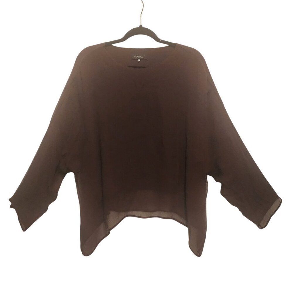 Eskandar Tunic Blouse Womens 1 100% Silk Crinkled Brown Long Sleeve Minimalist